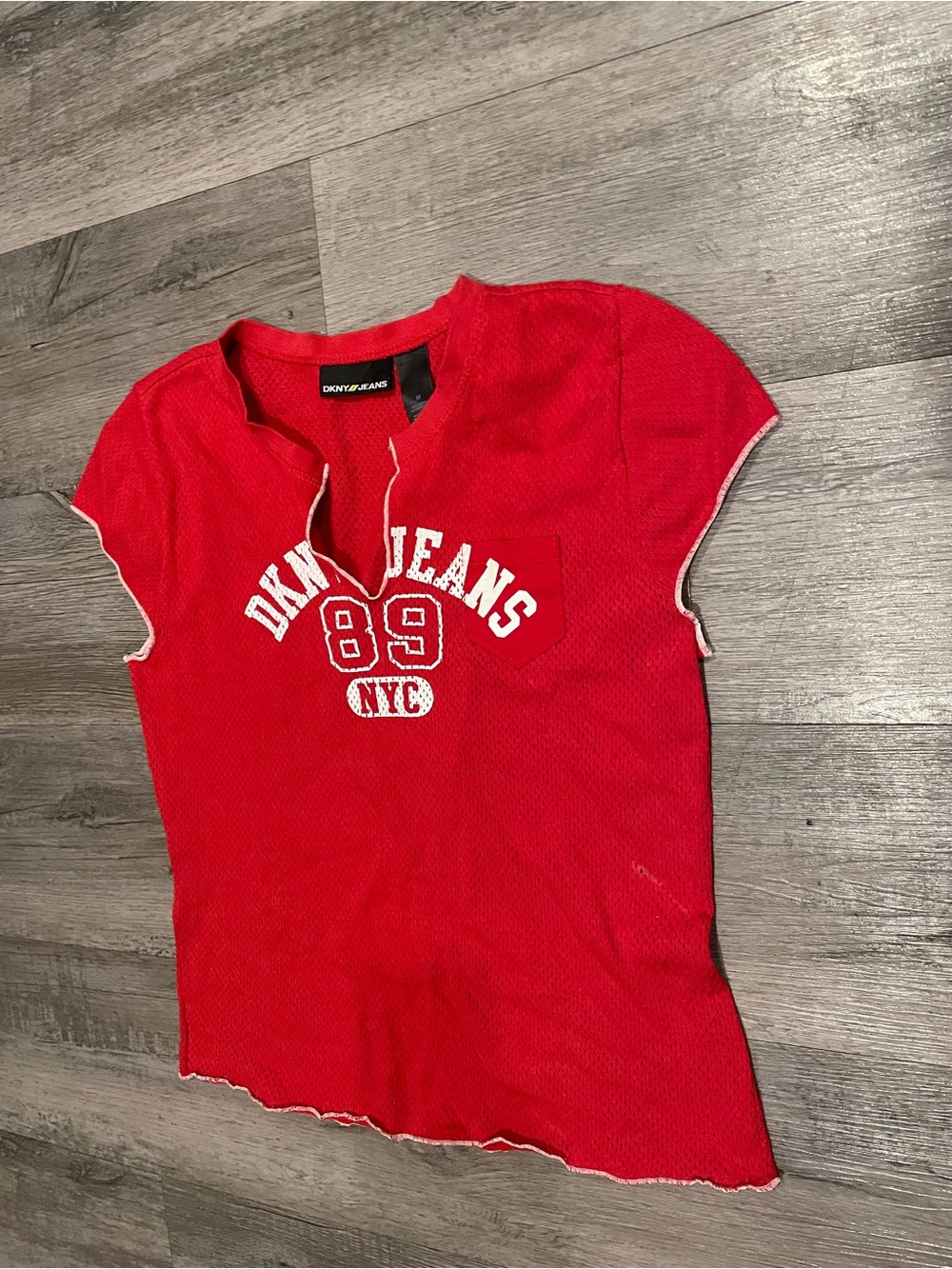 Dkny Red Short Sleeve Graphic Tee with Notch Neck